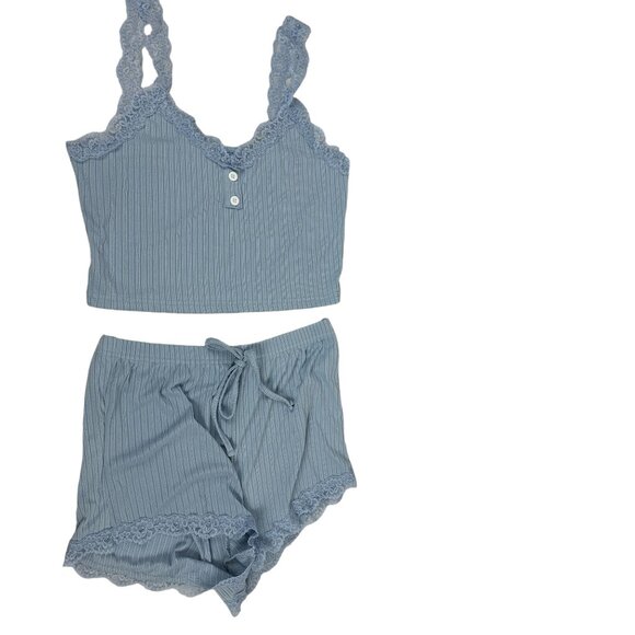 Shein Womens Blue Lace Trim Pajama Set - Striped Tank Top & Shorts Size M - Picture 1 of 8